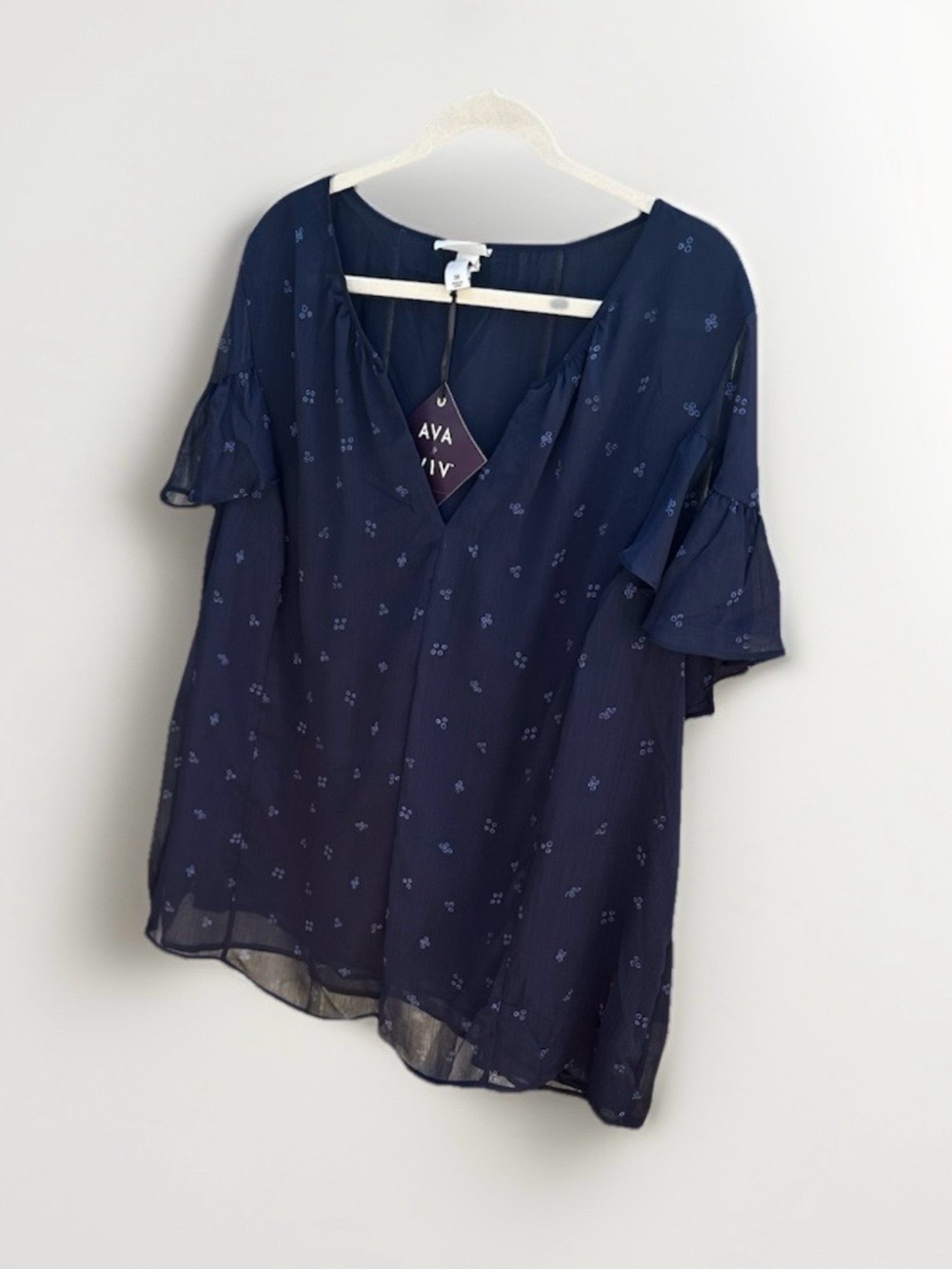 Ava & Viv Navy Floral V-Neck Flutter Sleeve Blouse - Picture 2 of 8